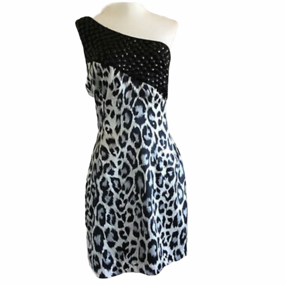 Black & Grey Leopard Silk & Beaded Cocktail Dress NWT